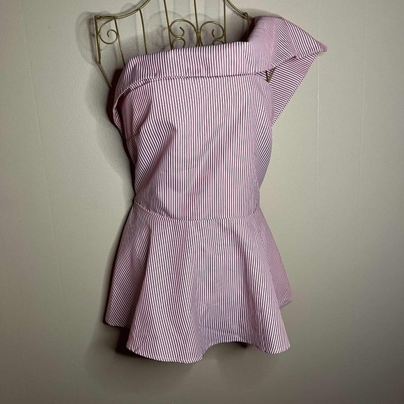 One Shoulder Red And White Pin Striped Bow Blouse - Picture 1 of 4